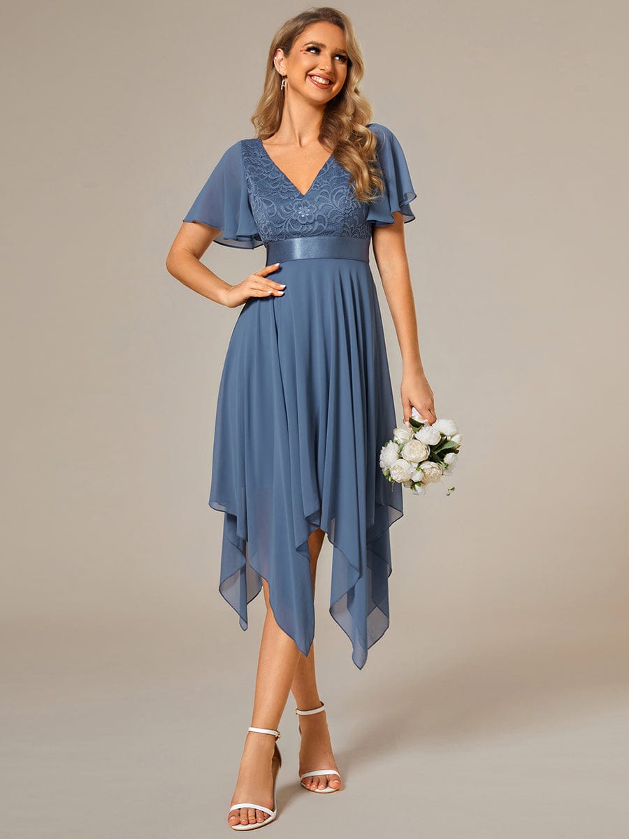 Asymmetrical Hem Empire Waist Short Sleeves Knee-Length Bridesmaid Dress #color_Dusty Navy