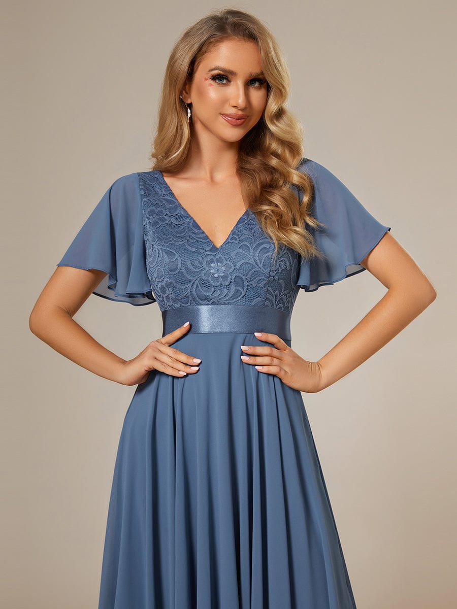 Asymmetrical Hem Empire Waist Short Sleeves Knee-Length Bridesmaid Dress #color_Dusty Navy