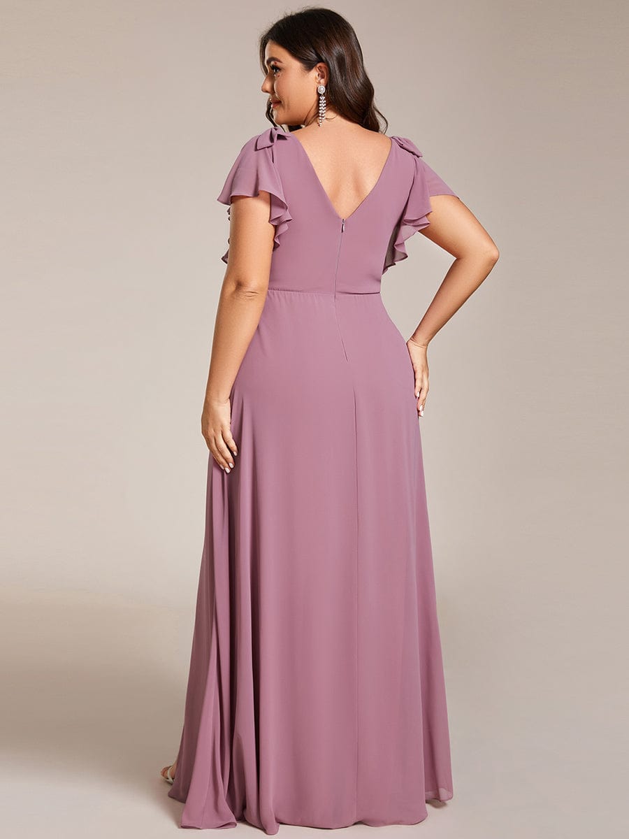 Plus Size Split Ruffles Sleeves with Bowknot Double V-neck Chiffon Bridesmaid Dress #color_Purple Orchid