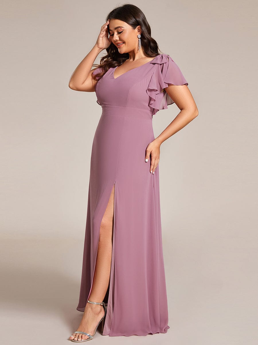 Plus Size Split Ruffles Sleeves with Bowknot Double V-neck Chiffon Bridesmaid Dress #color_Purple Orchid