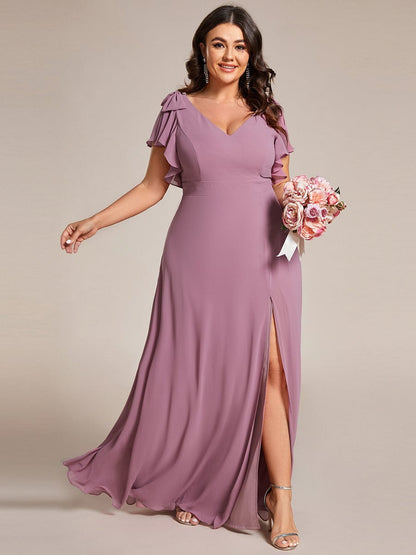 Plus Size Split Ruffles Sleeves with Bowknot Double V-neck Chiffon Bridesmaid Dress