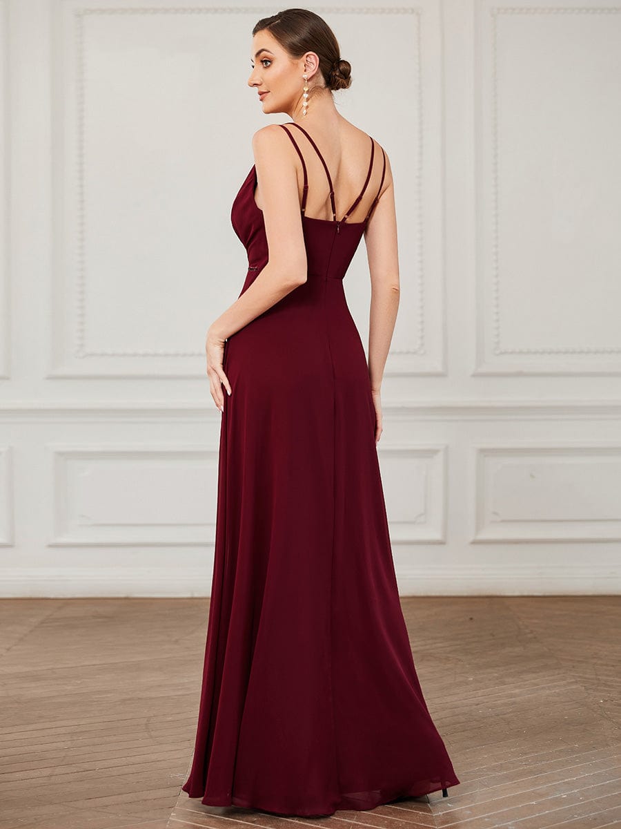 V-neck Pleated Spaghetti Strap Chiffon Bridesmaid Dress #color_Burgundy