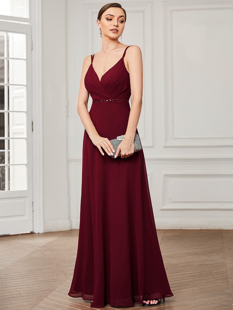 V-neck Pleated Spaghetti Strap Chiffon Bridesmaid Dress #color_Burgundy