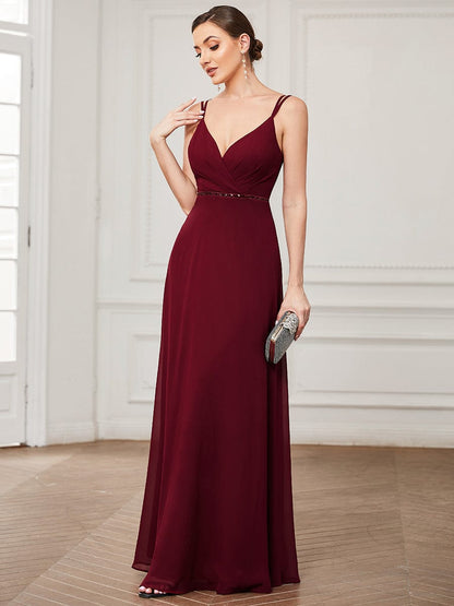 V-neck Pleated Spaghetti Strap Chiffon Bridesmaid Dress #color_Burgundy