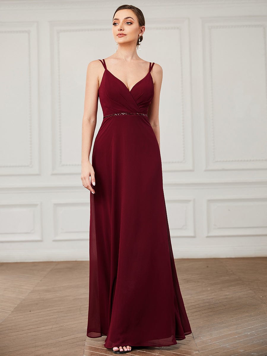 V-neck Pleated Spaghetti Strap Chiffon Bridesmaid Dress #color_Burgundy