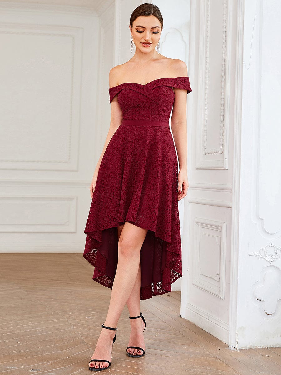 Off Shoulder Sweetheart High-Low Bridesmaid Dress #color_Burgundy