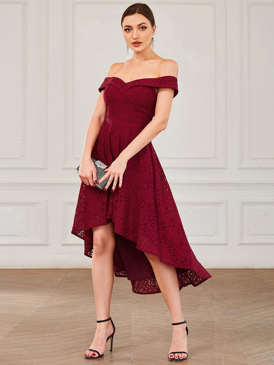 Off Shoulder Sweetheart High-Low Bridesmaid Dress #color_Burgundy