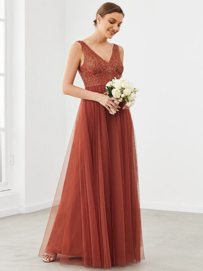 V-Neck Sleeveless A-Line Tulle Bridesmaid Dress #color_Brick Red 