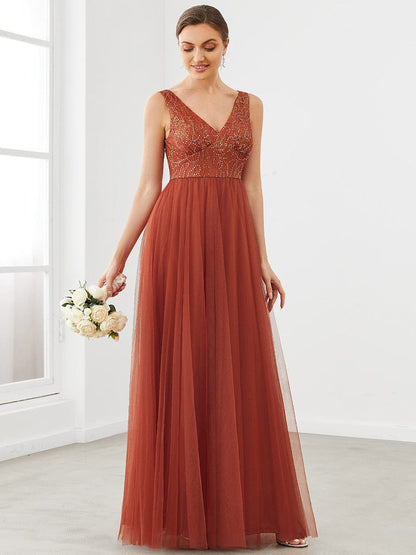 V-Neck Sleeveless A-Line Tulle Bridesmaid Dress #color_Brick Red 