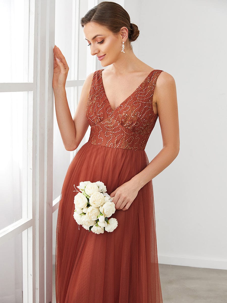 V-Neck Sleeveless A-Line Tulle Bridesmaid Dress #color_Brick Red 