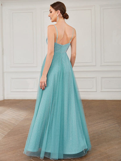 A-Line Sparkly V-Neck Illusion Panel Bridesmaid Dress #color_Dusty Blue 