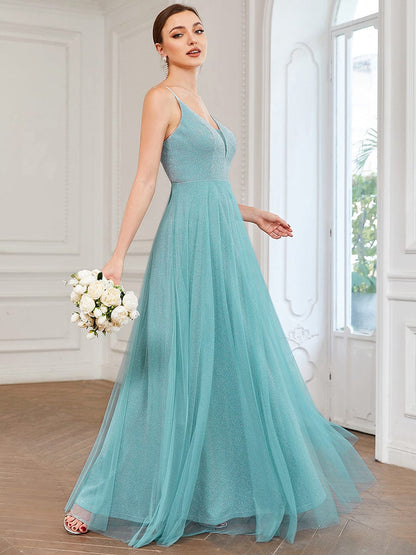 A-Line Sparkly V-Neck Illusion Panel Bridesmaid Dress #color_Dusty Blue 