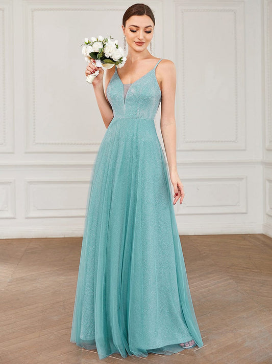 A-Line Sparkly V-Neck Illusion Panel Bridesmaid Dress #color_Dusty Blue 