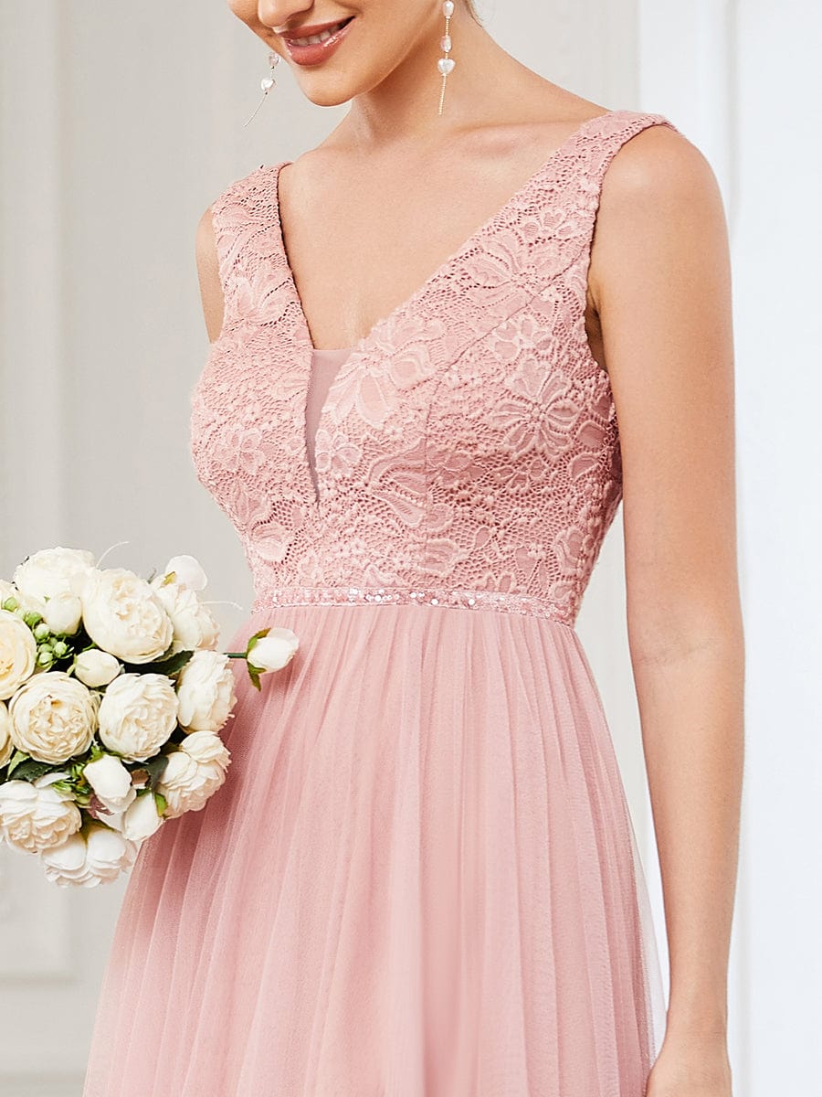 Lace Sleeveless V-Neck Backless High Low Bridesmaid Dress #color_Pink