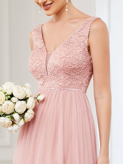 Lace Sleeveless V-Neck Backless High Low Bridesmaid Dress #color_Pink