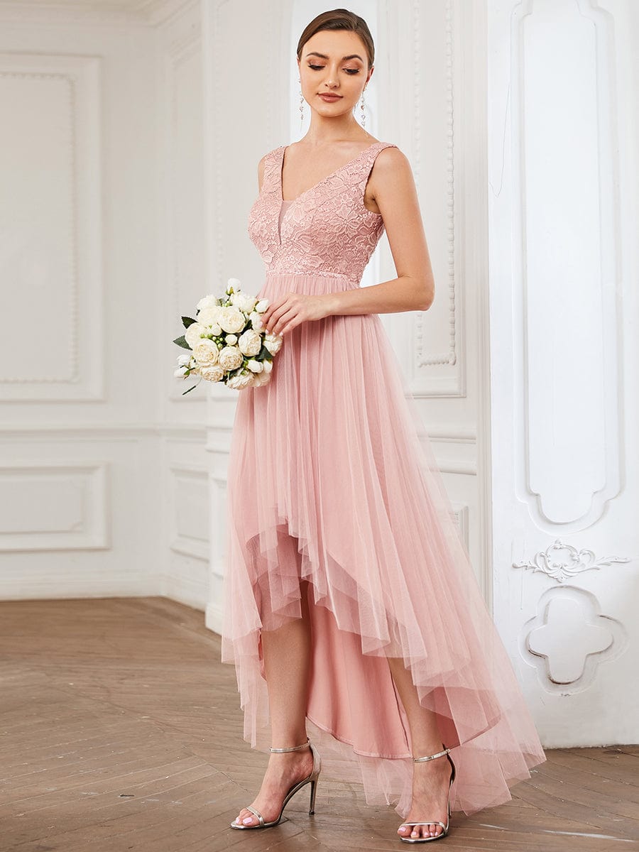 Lace Sleeveless V-Neck Backless High Low Bridesmaid Dress #color_Pink