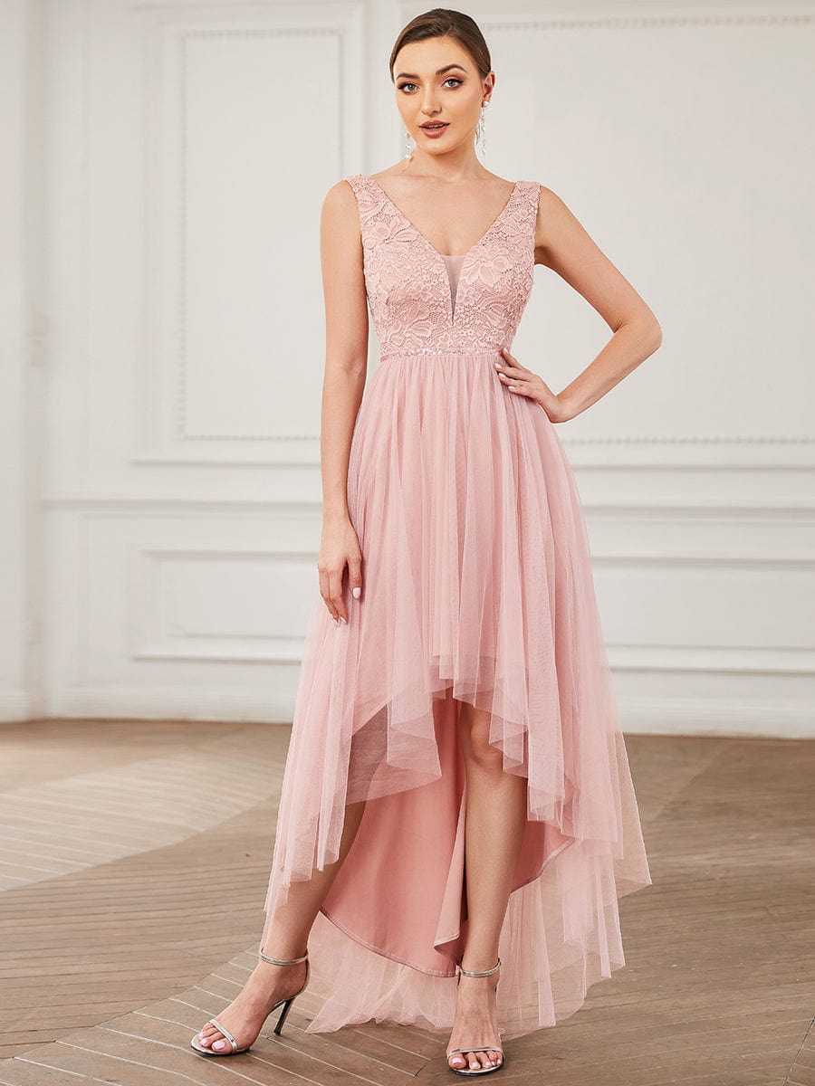 Lace Sleeveless V-Neck Backless High Low Bridesmaid Dress #color_Pink