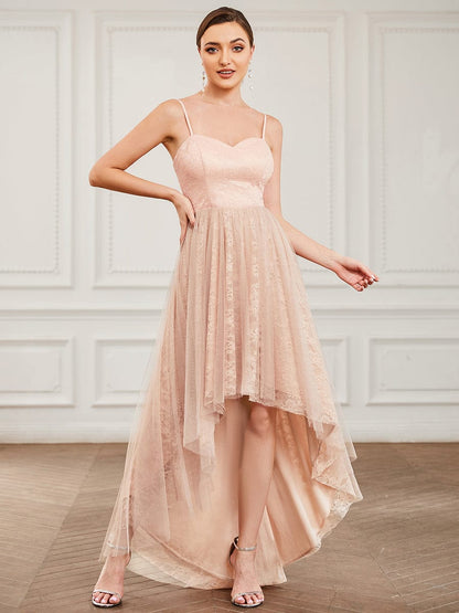 Lace Spaghetti Strap Tulle A-Line High Low Bridesmaid Dress #color_Blush