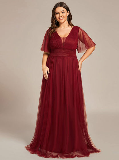 Custom Size Long A-Line Pleated Flutter Sleeve Tulle Maxi Bridesmaid Dress #color_Burgundy