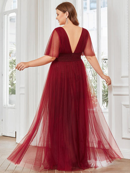 Pleated A-Line Short Sleeve Wide Waist Tulle Bridesmaid Dress #color_Burgundy