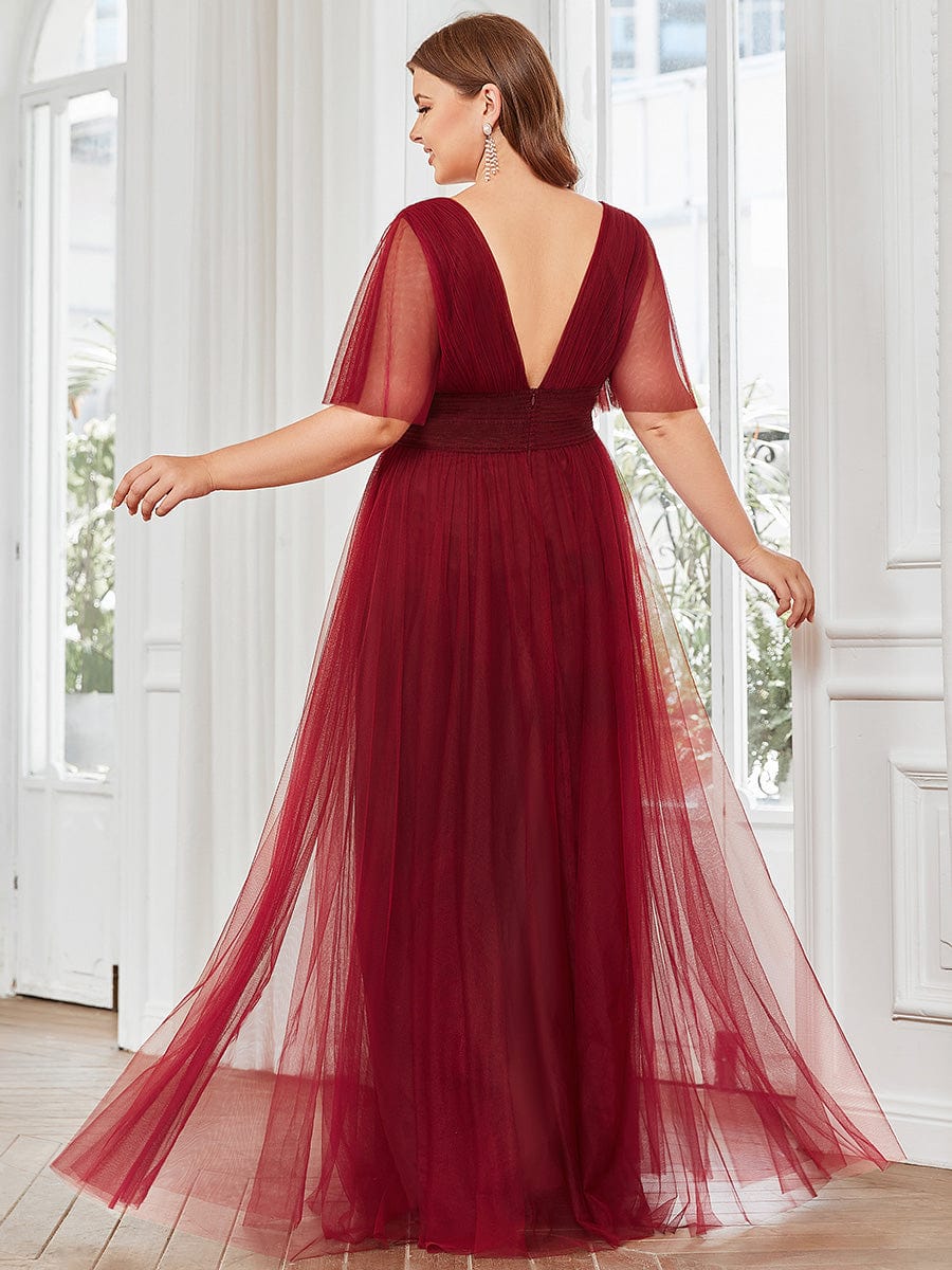 Custom Size Long A-Line Pleated Flutter Sleeve Tulle Maxi Bridesmaid Dress #color_Burgundy