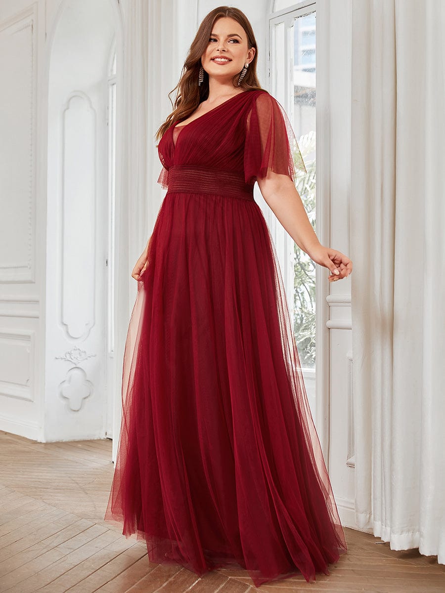 Custom Size Long A-Line Pleated Flutter Sleeve Tulle Maxi Bridesmaid Dress #color_Burgundy