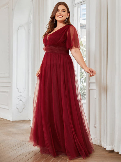 Plus Size Pleated A-Line Short Sleeve Wide Waist Tulle Bridesmaid Dress #color_Burgundy