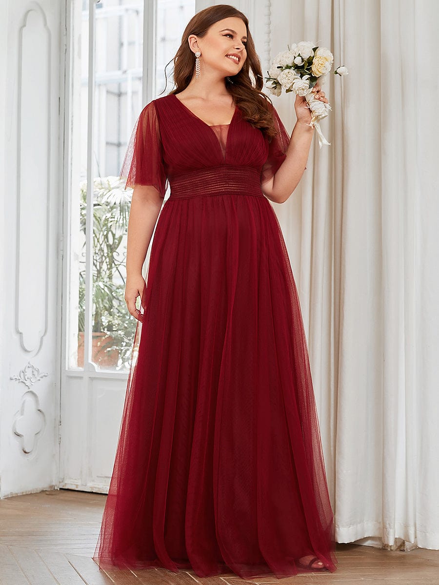 Custom Size Long A-Line Pleated Flutter Sleeve Tulle Maxi Bridesmaid Dress #color_Burgundy