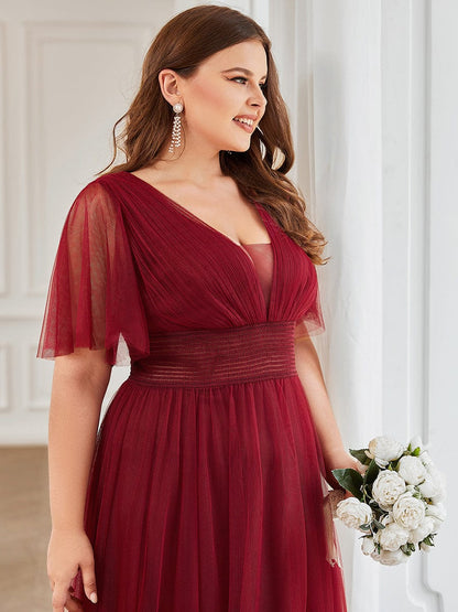 Pleated A-Line Short Sleeve Wide Waist Tulle Bridesmaid Dress #color_Burgundy