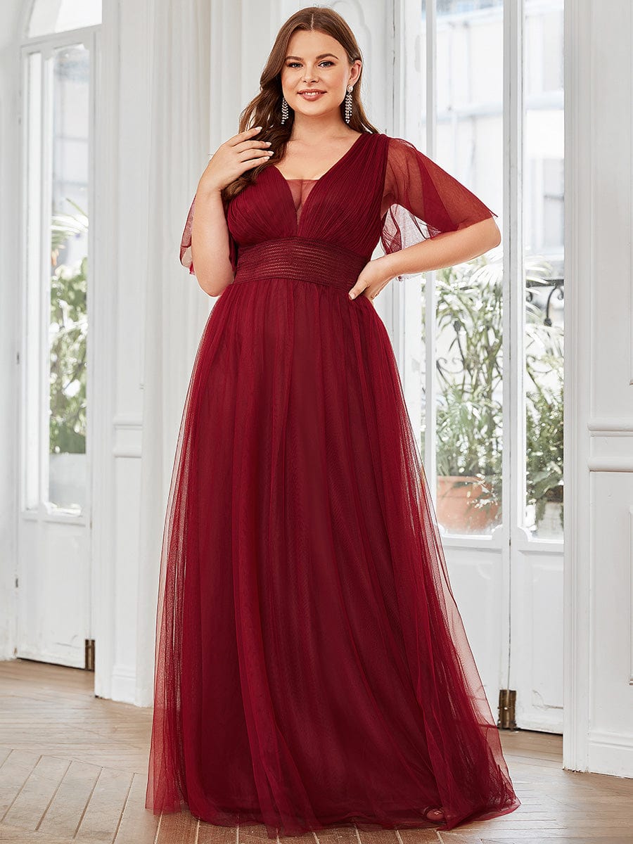 Custom Size Long A-Line Pleated Flutter Sleeve Tulle Maxi Bridesmaid Dress #color_Burgundy