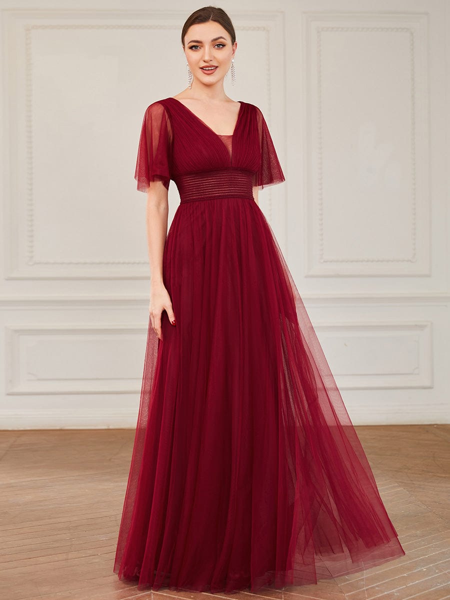 Pleated A-Line Short Sleeve Wide Waist Tulle Bridesmaid Dress #color_Burgundy