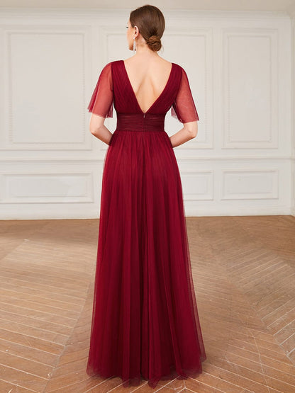 Pleated A-Line Short Sleeve Wide Waist Tulle Bridesmaid Dress #color_Burgundy