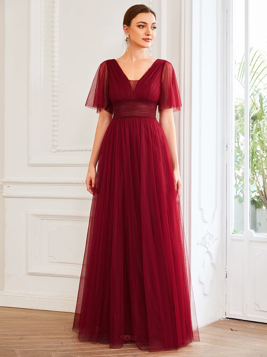 Pleated A-Line Short Sleeve Wide Waist Tulle Bridesmaid Dress #color_Burgundy