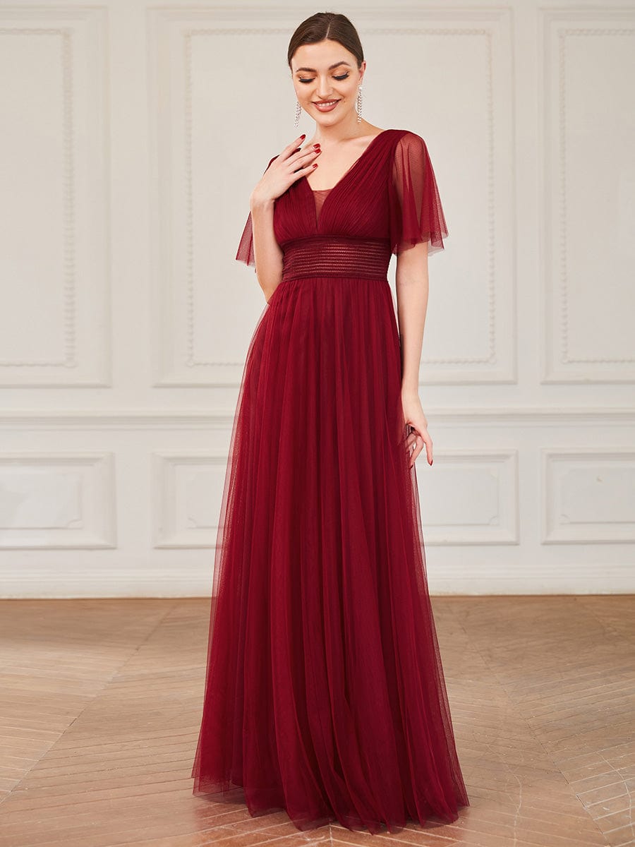 Pleated A-Line Short Sleeve Wide Waist Tulle Bridesmaid Dress #color_Burgundy