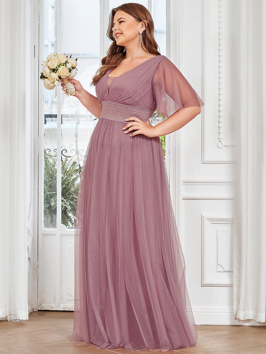 Custom Size Long A-Line Pleated Flutter Sleeve Tulle Maxi Bridesmaid Dress #color_Purple Orchid