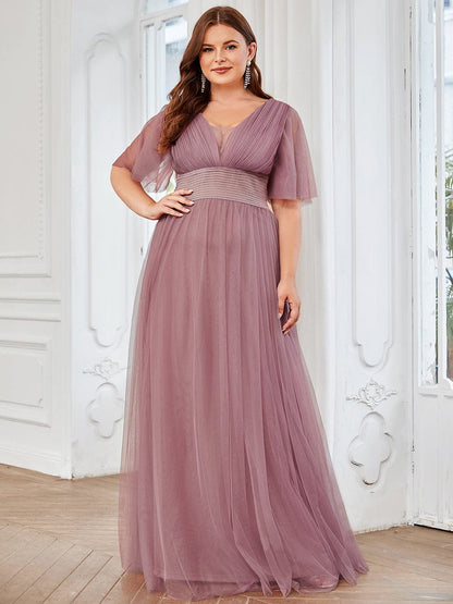 Custom Size Long A-Line Pleated Flutter Sleeve Tulle Maxi Bridesmaid Dress #color_Purple Orchid