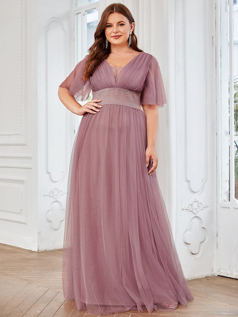 Plus Size Pleated A-Line Short Sleeve Wide Waist Tulle Bridesmaid Dress #color_Purple Orchid