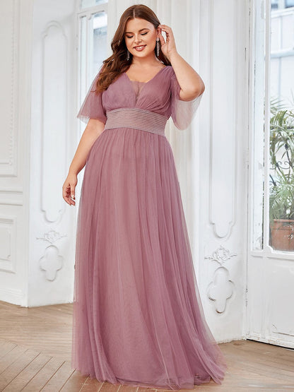 Pleated A-Line Short Sleeve Wide Waist Tulle Bridesmaid Dress #color_Purple Orchid