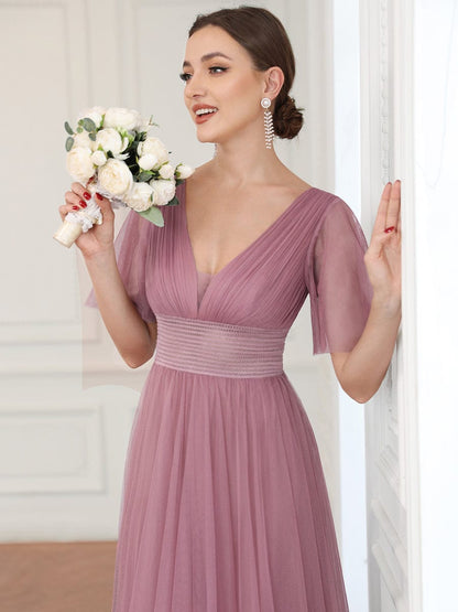 Pleated A-Line Short Sleeve Wide Waist Tulle Bridesmaid Dress #color_Purple Orchid