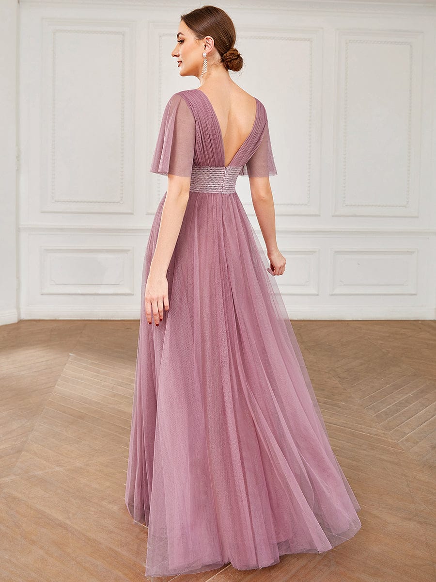 Pleated A-Line Short Sleeve Wide Waist Tulle Bridesmaid Dress #color_Purple Orchid