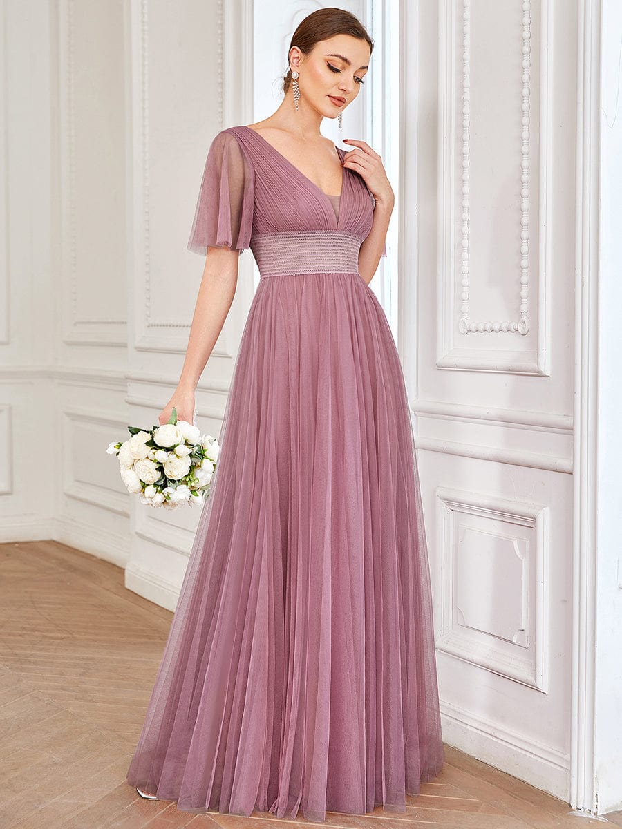 Pleated A-Line Short Sleeve Wide Waist Tulle Bridesmaid Dress #color_Purple Orchid