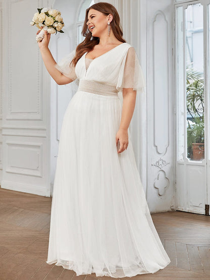 Plus Size Pleated A-Line Short Sleeve Wide Waist Tulle Bridesmaid Dress #color_White