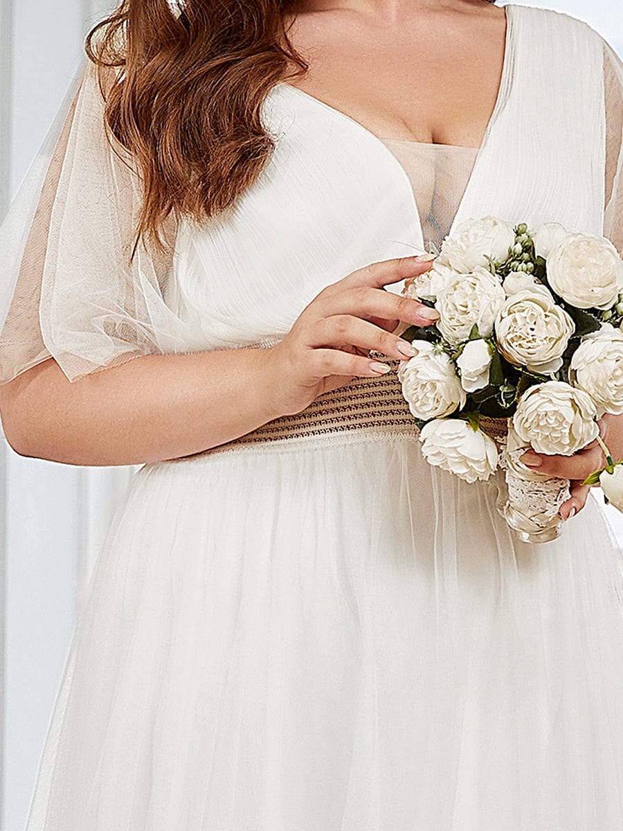 Plus Size Pleated A-Line Short Sleeve Wide Waist Tulle Bridesmaid Dress #color_White