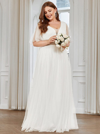 Plus Size Pleated A-Line Short Sleeve Wide Waist Tulle Bridesmaid Dress #color_White