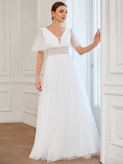 Pleated A-Line Short Sleeve Wide Waist Tulle Bridesmaid Dress #color_White