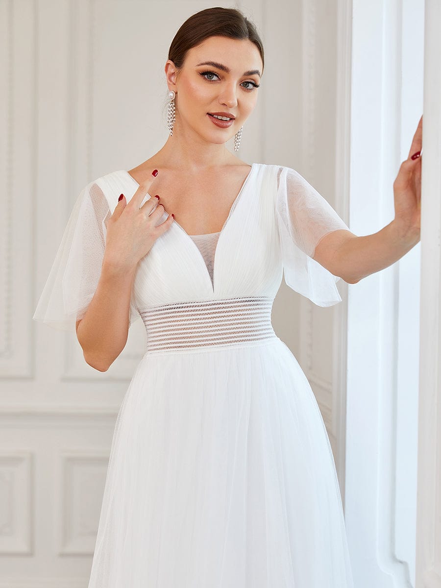 Pleated A-Line Short Sleeve Wide Waist Tulle Bridesmaid Dress #color_White