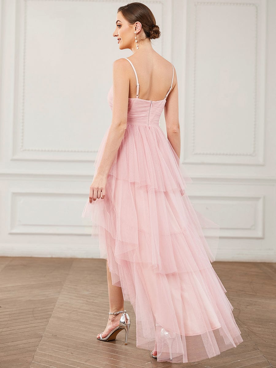 Tulle Spaghetti Strap Ruffled High-Low Bridesmaid Dress #Color_Pink