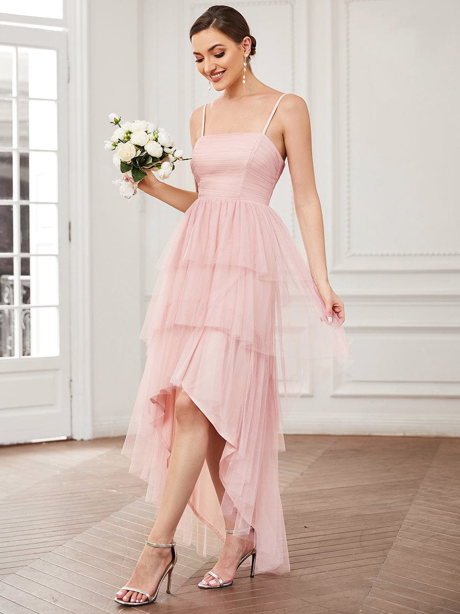 Tulle Spaghetti Strap Ruffled High-Low Bridesmaid Dress #Color_Pink