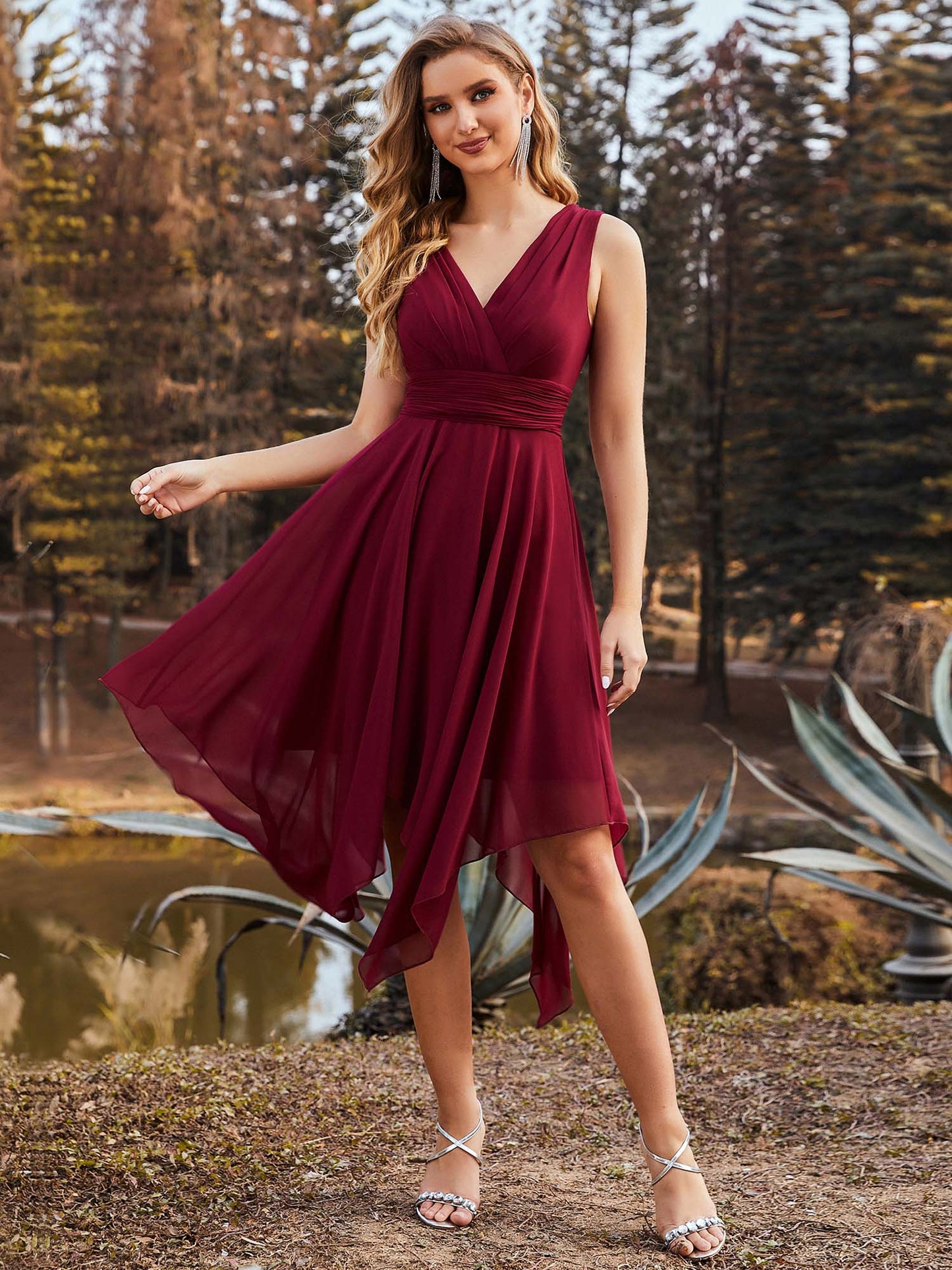 Chiffon Double V-Neck A Line Bridesmaid Dress with Asymmetrical Hem #color_Burgundy