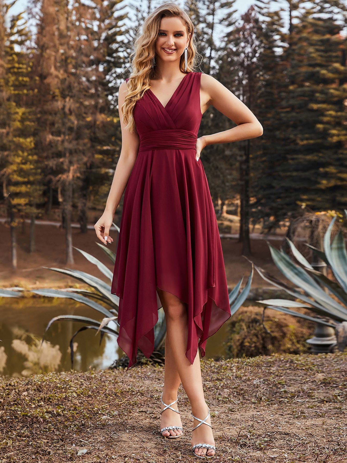 Chiffon Double V-Neck A Line Bridesmaid Dress with Asymmetrical Hem #color_Burgundy